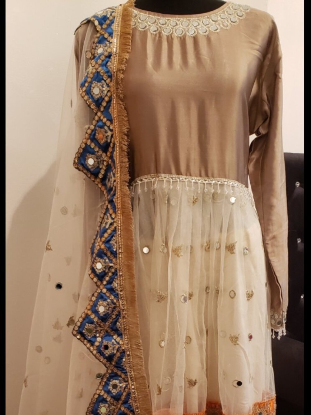 Stunning Biege Cream and Blue Long Indian Anarkali Style